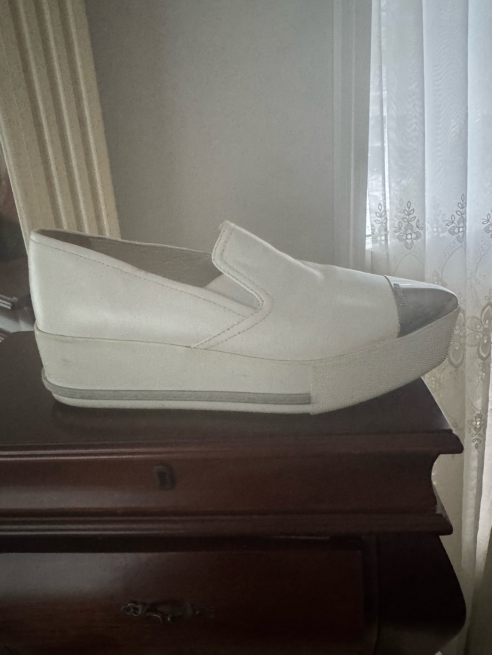 Miu Miu White Slip-On Platform Sneakers with Silver Toe